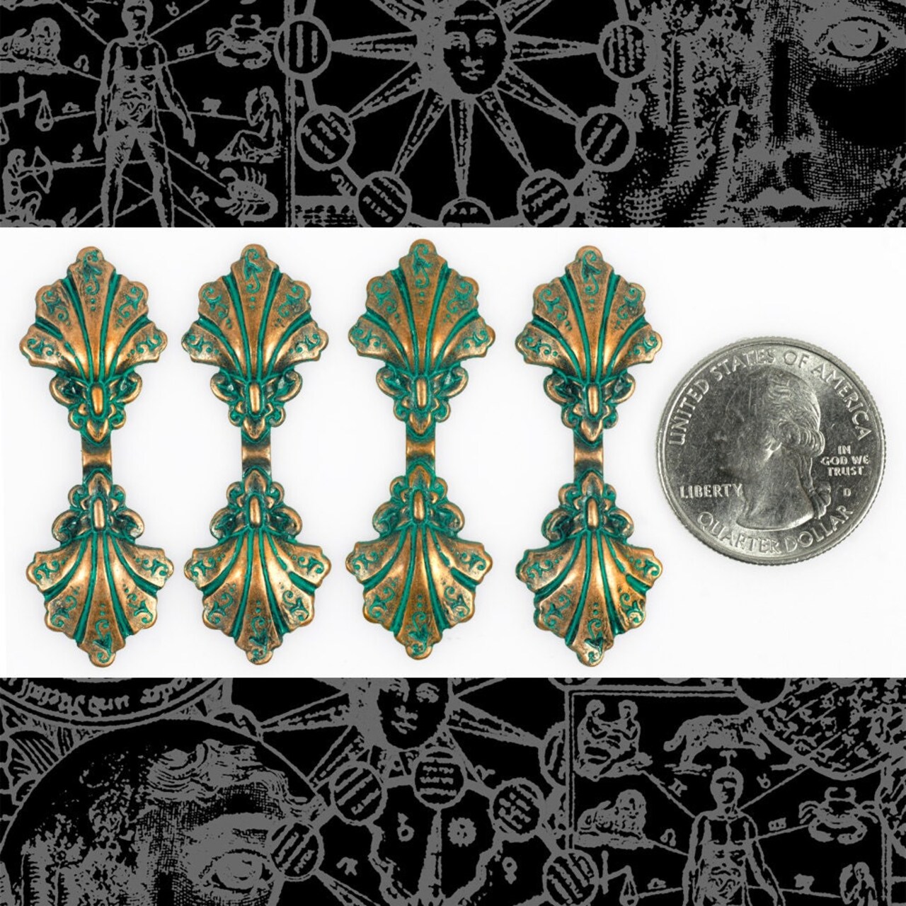 Verdigris Finished Brass Vintage Shell Pinch Connector - Set of Four - V-O02